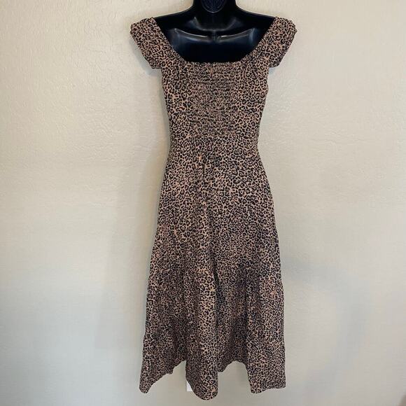 Reformation Toulouse Leopard Midi Dress Womens Sz 2 100% Linen Tiered Smocked - Picture 4 of 7